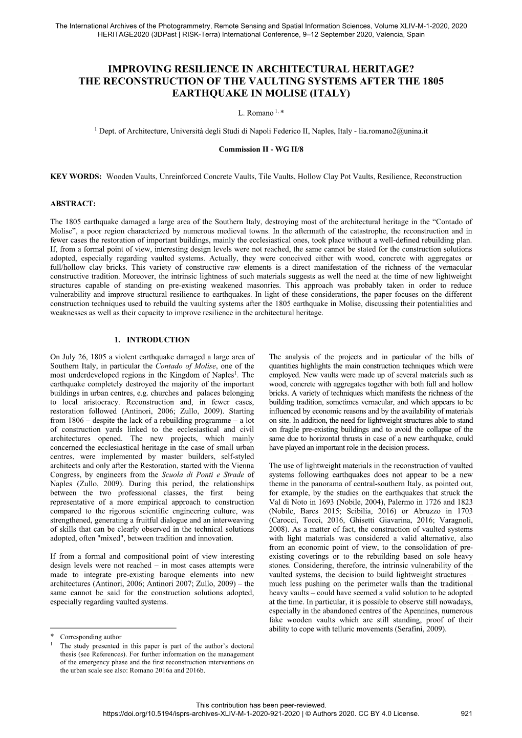 Improving Resilience in Architectural Heritage? the Reconstruction of the Vaulting Systems After the 1805 Earthquake in Molise (Italy)