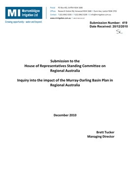 Submission to the House of Representatives Standing Committee on Regional Australia Inquiry Into the Impact of the Murray-Dar