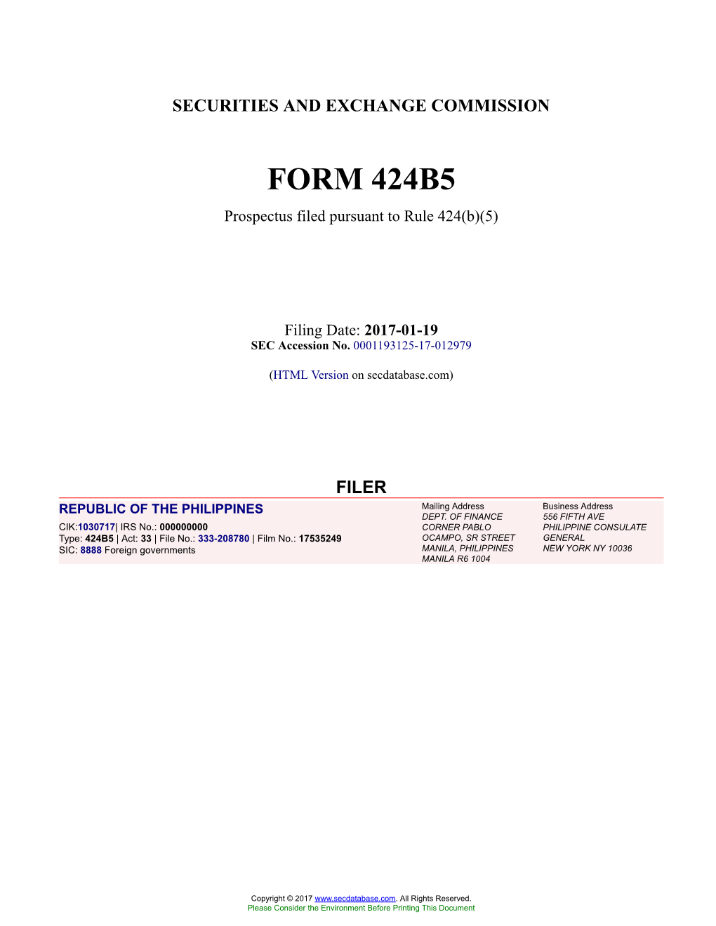 REPUBLIC of the PHILIPPINES Form 424B5 Filed 2017-01-19