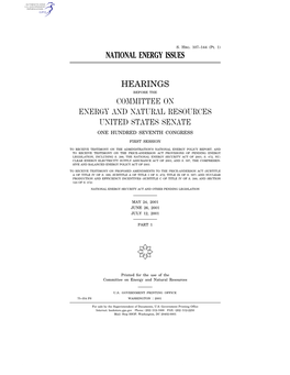 National Energy Issues Hearings Committee on Energy and Natural Resources United States Senate