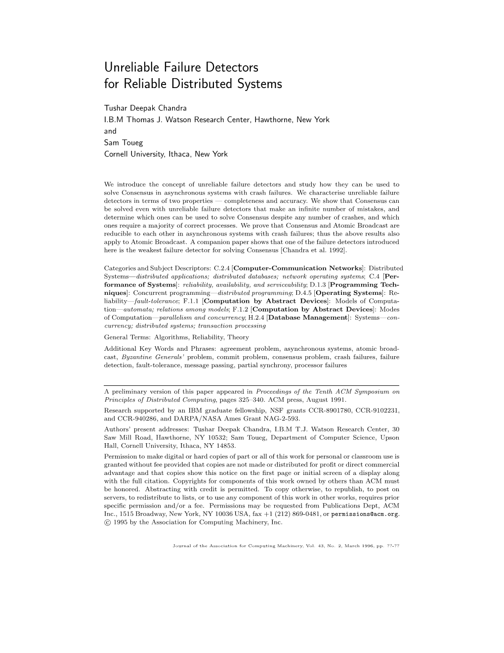 Unreliable Failure Detectors for Reliable Distributed Systems