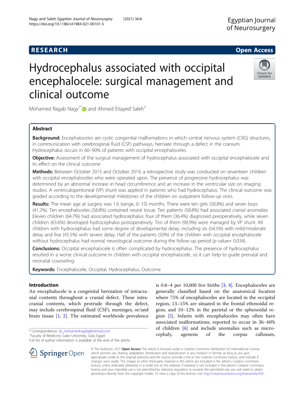 Hydrocephalus Associated with Occipital Encephalocele: Surgical Management and Clinical Outcome Mohamed Ragab Nagy1* and Ahmed Elsayed Saleh2