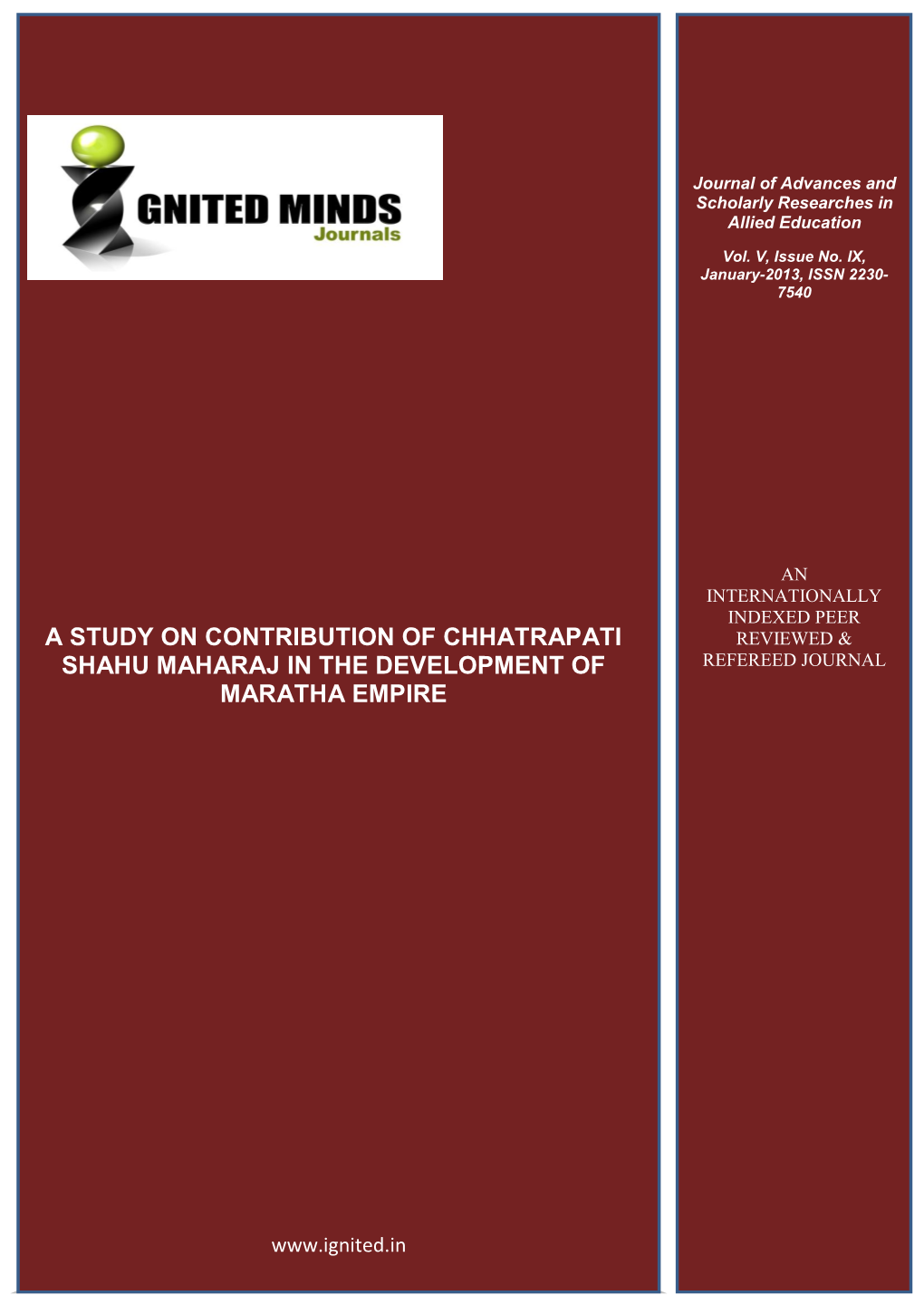 A Study on Contribution of Chhatrapati Shahu Maharaj in the Development of Maratha Empire