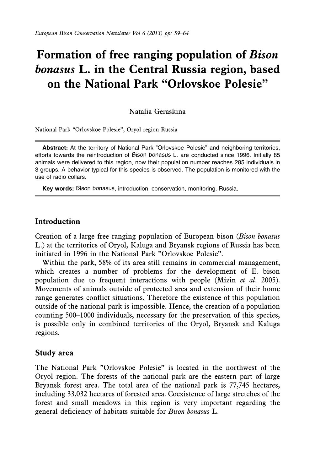 Formation of Free Ranging Population of Bison Bonasus L. in the Central Russia Region, Based on the National Park “Orlovskoe Polesie”