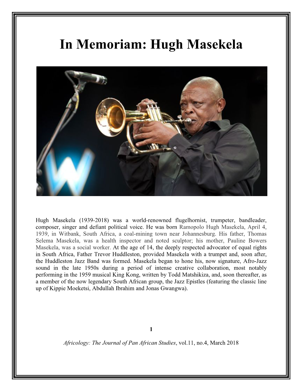 In Memoriam: Hugh Masekela