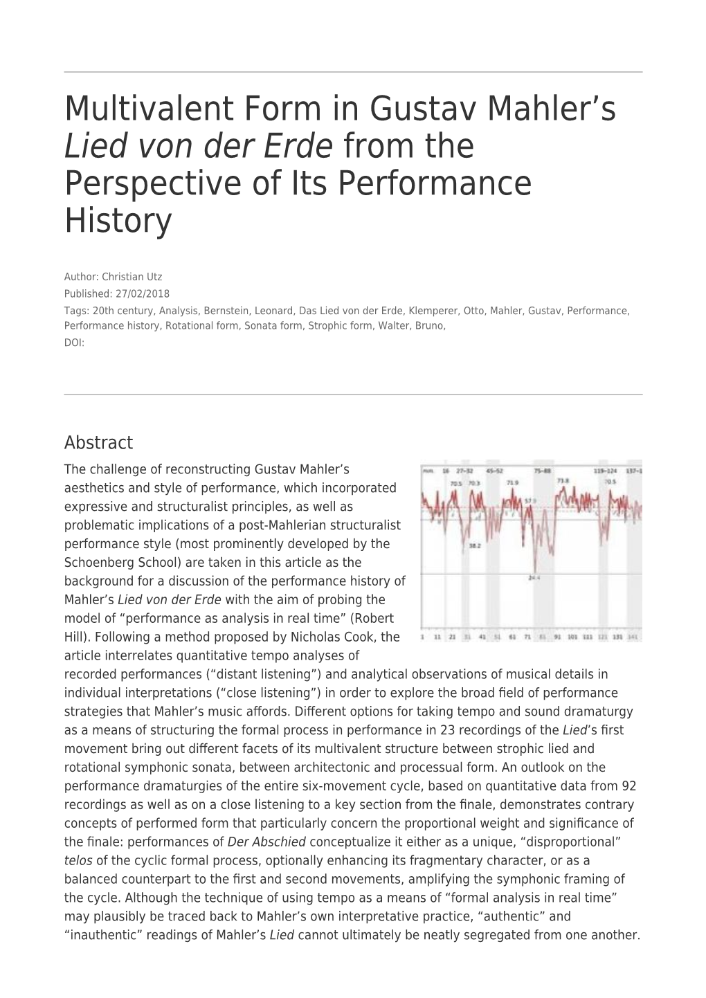 Multivalent Form in Gustav Mahlerʼs Lied Von Der Erde from the Perspective of Its Performance History