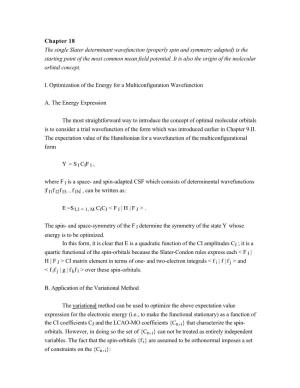 Chapter 18 the Single Slater Determinant Wavefunction (Properly Spin and Symmetry Adapted) Is the Starting Point of the Most Common Mean Field Potential