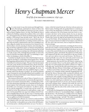 Henry Chapman Mercer Brief Life of an Innovative Ceramicist: 1856-1930 by Nancy Freudenthal
