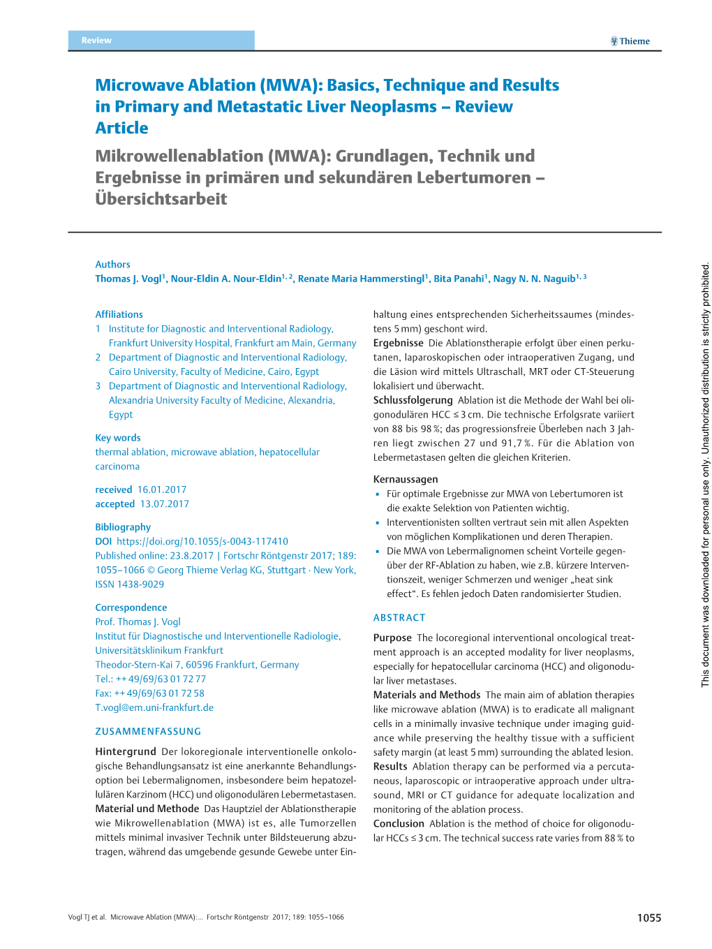 Microwave Ablation (MWA): Basics, Technique and Results in Primary