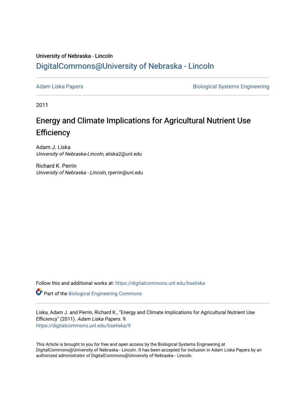 Energy and Climate Implications for Agricultural Nutrient Use Efficiency