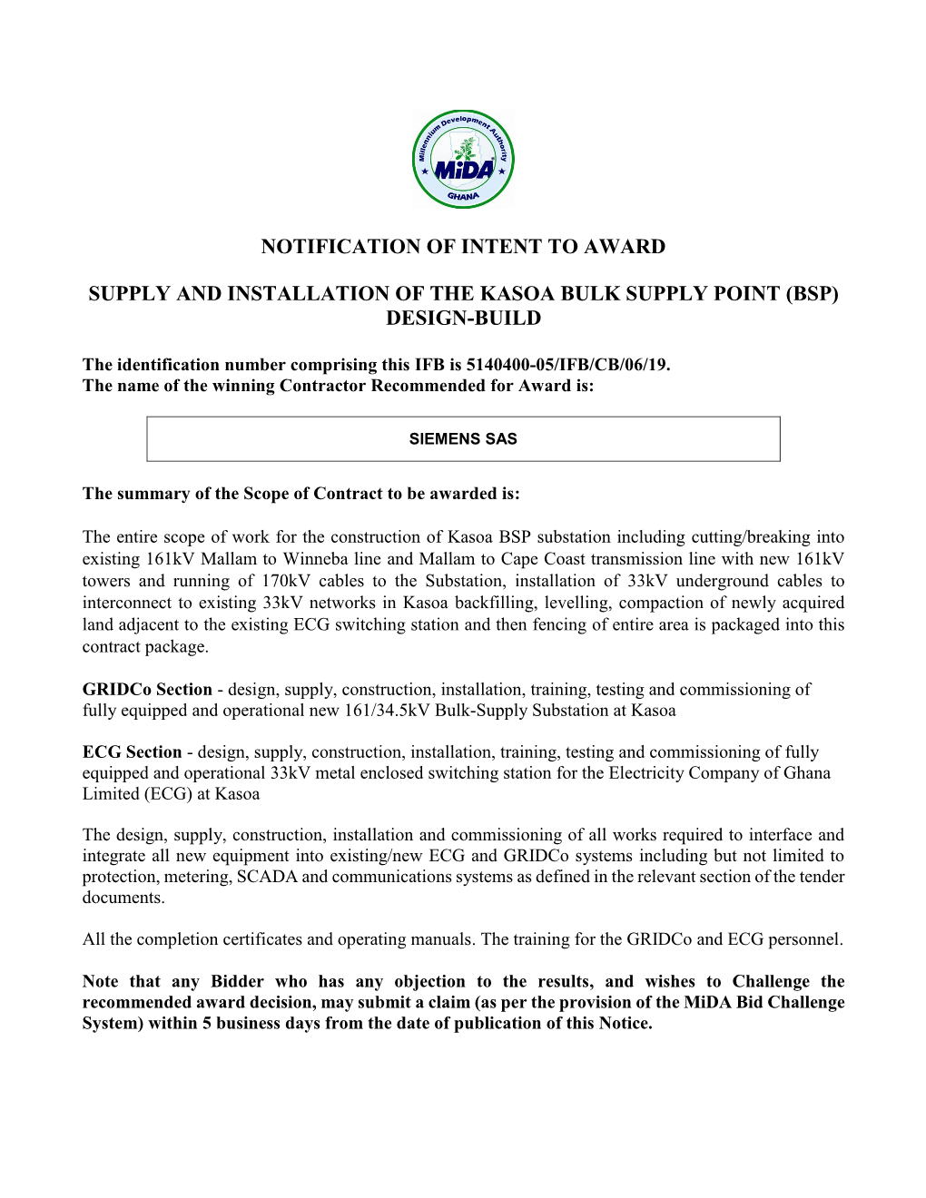 Notification of Intent to Award Supply and Installation of the Kasoa Bulk Supply Point