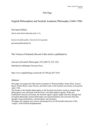 English Philosophers and Scottish Academic Philosophy (1660-1700)
