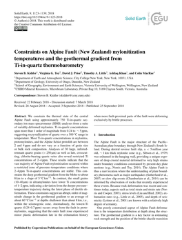 Constraints on Alpine Fault (New Zealand) Mylonitization Temperatures and the Geothermal Gradient from Ti-In-Quartz Thermobarometry