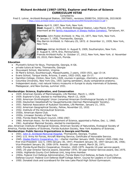 Richard Archbold (1907-1976), Explorer and Patron of Science CURRICULUM VITAE Compiled by Fred E