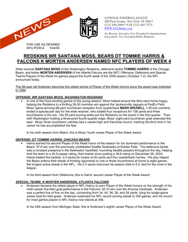 Redskins Wr Santana Moss, Bears Dt Tommie Harris & Falcons K Morten Andersen Named Nfc Players of Week 4