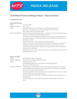 2016 World Tennis Challenge Player – Stats and Facts