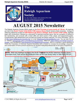 AUGUST 2015 Newsletter the Raleigh Aquarium Society (RAS) Meets on the First Thursday of Every Month at 7:30 Pm