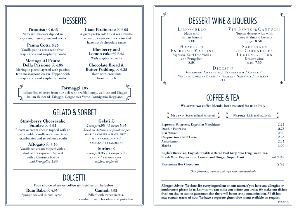 Desserts Gelato & Sorbet Dessert Wine & Liqueurs