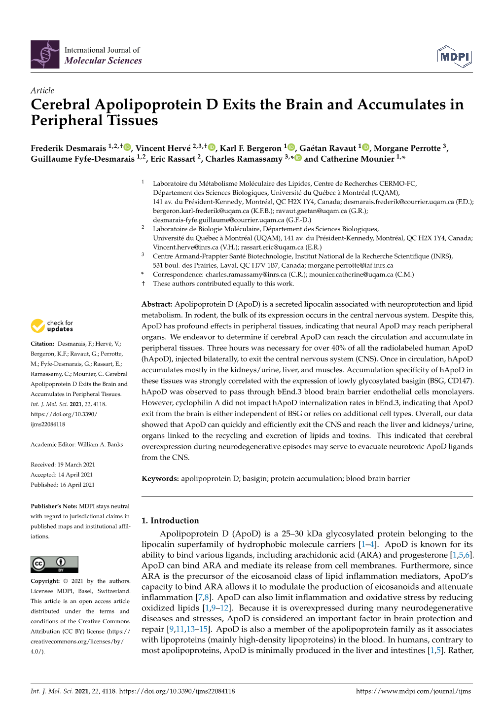 Cerebral Apolipoprotein D Exits the Brain and Accumulates in Peripheral Tissues