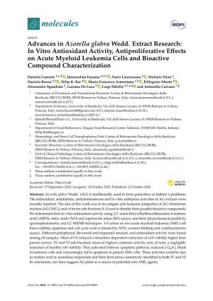 Advances in Azorella Glabra Wedd. Extract Research: in Vitro