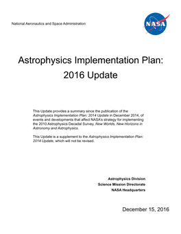 Astrophysics Implementation Plan: 2016 Update