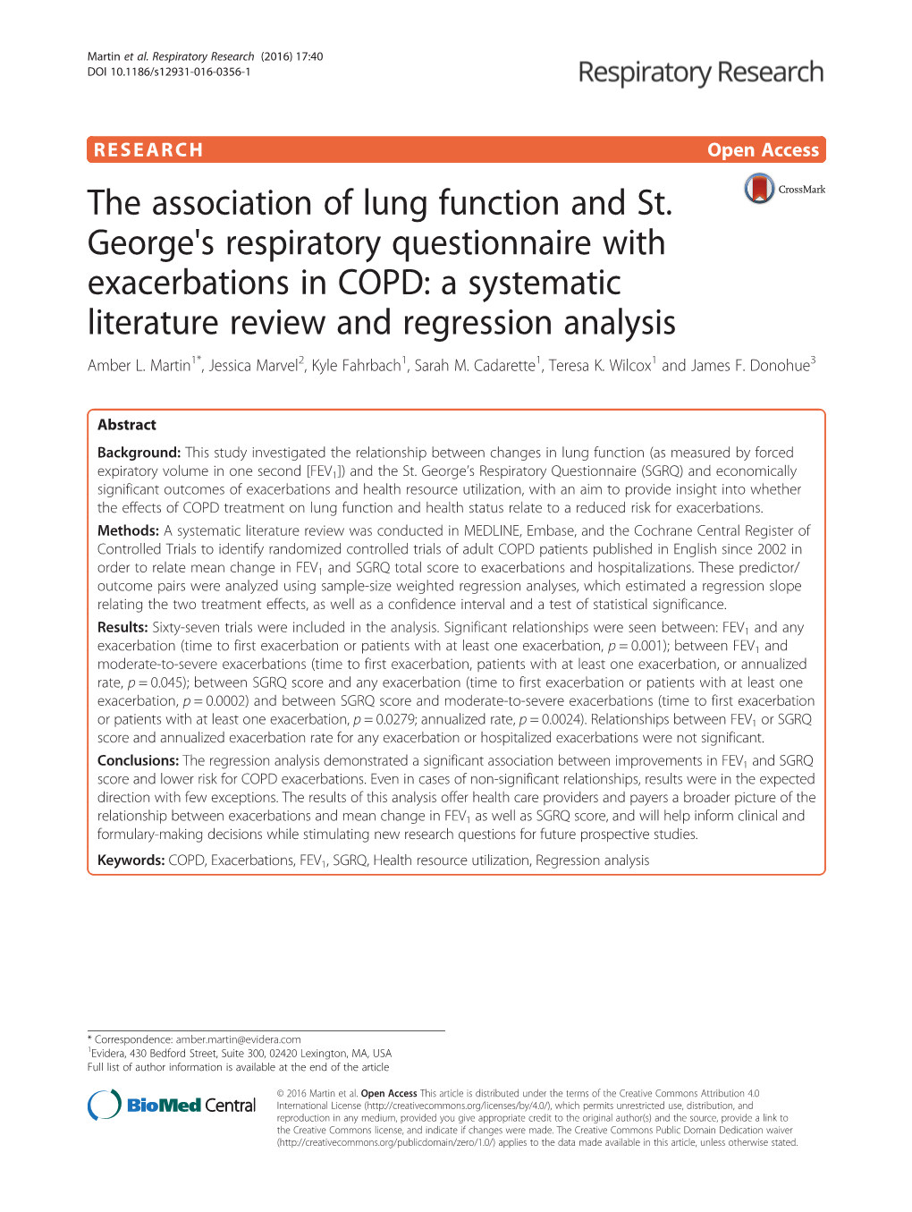 The Association of Lung Function and St. George's Respiratory Questionnaire with Exacerbations in COPD: a Systematic Literature Review and Regression Analysis Amber L