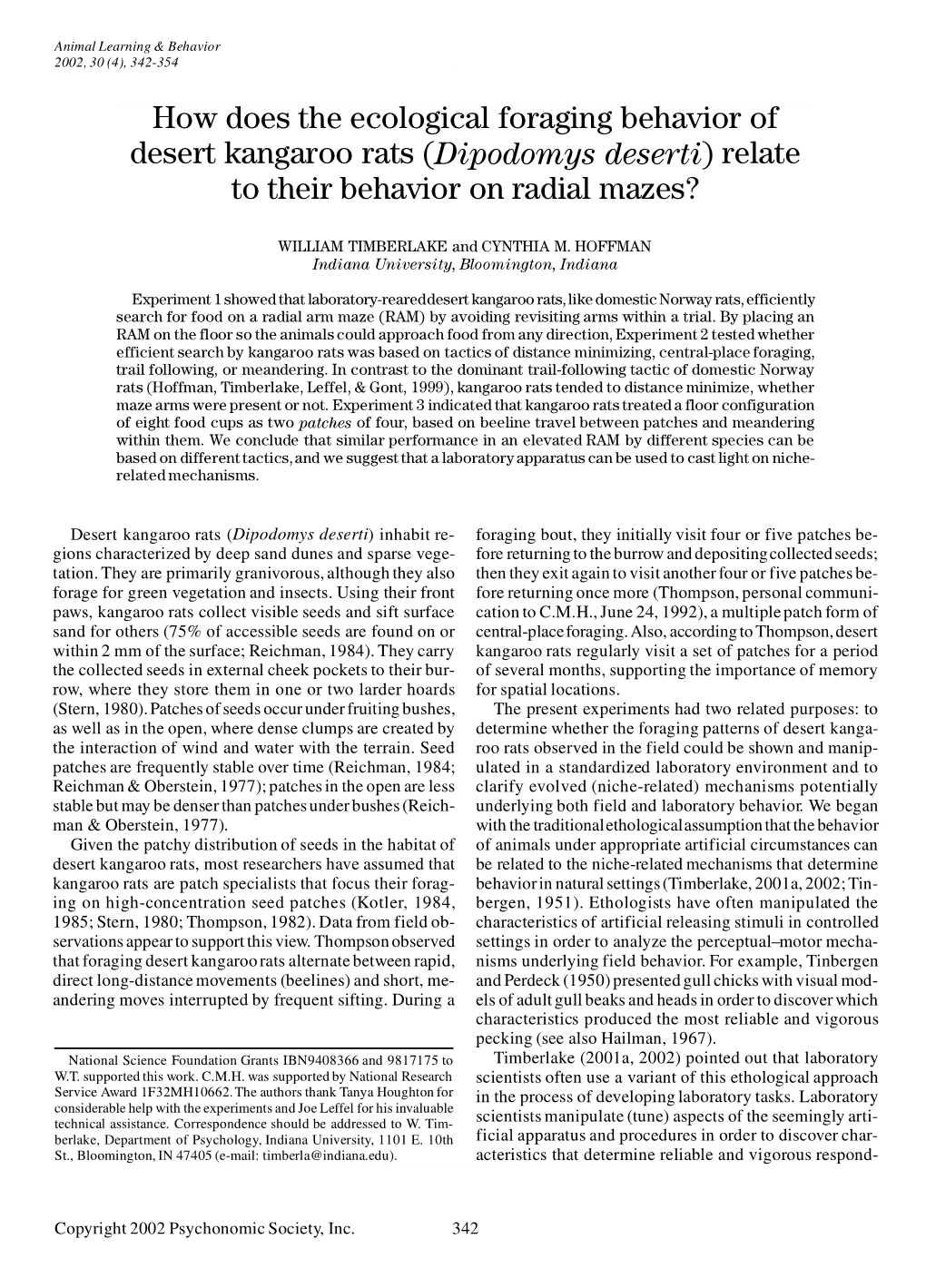 How Does the Ecological Foraging Behavior of Desert Kangaroo Rats (Dipodomys Deserti) Relate to Their Behavior on Radial Mazes?