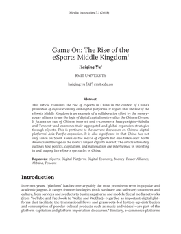 Game On: the Rise of the Esports Middle Kingdom1