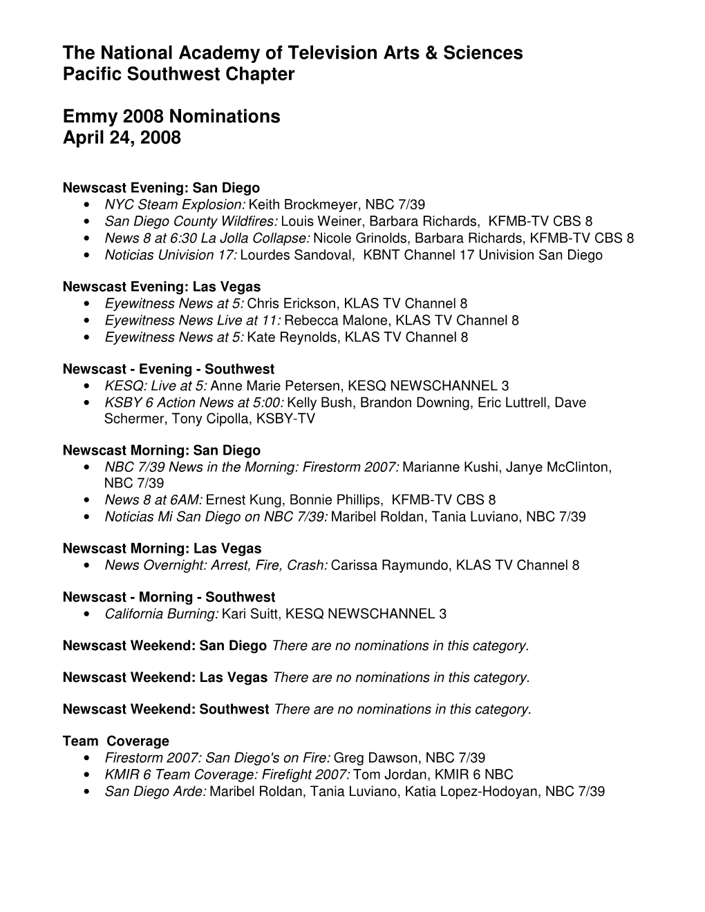 Emmy 2008 Nominations April 24, 2008