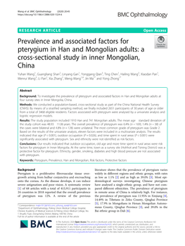 Prevalence and Associated Factors for Pterygium in Han and Mongolian Adults: a Cross-Sectional Study in Inner Mongolian, China