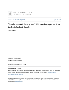 Whitman's Estrangement from the Costelloe-Smith Family