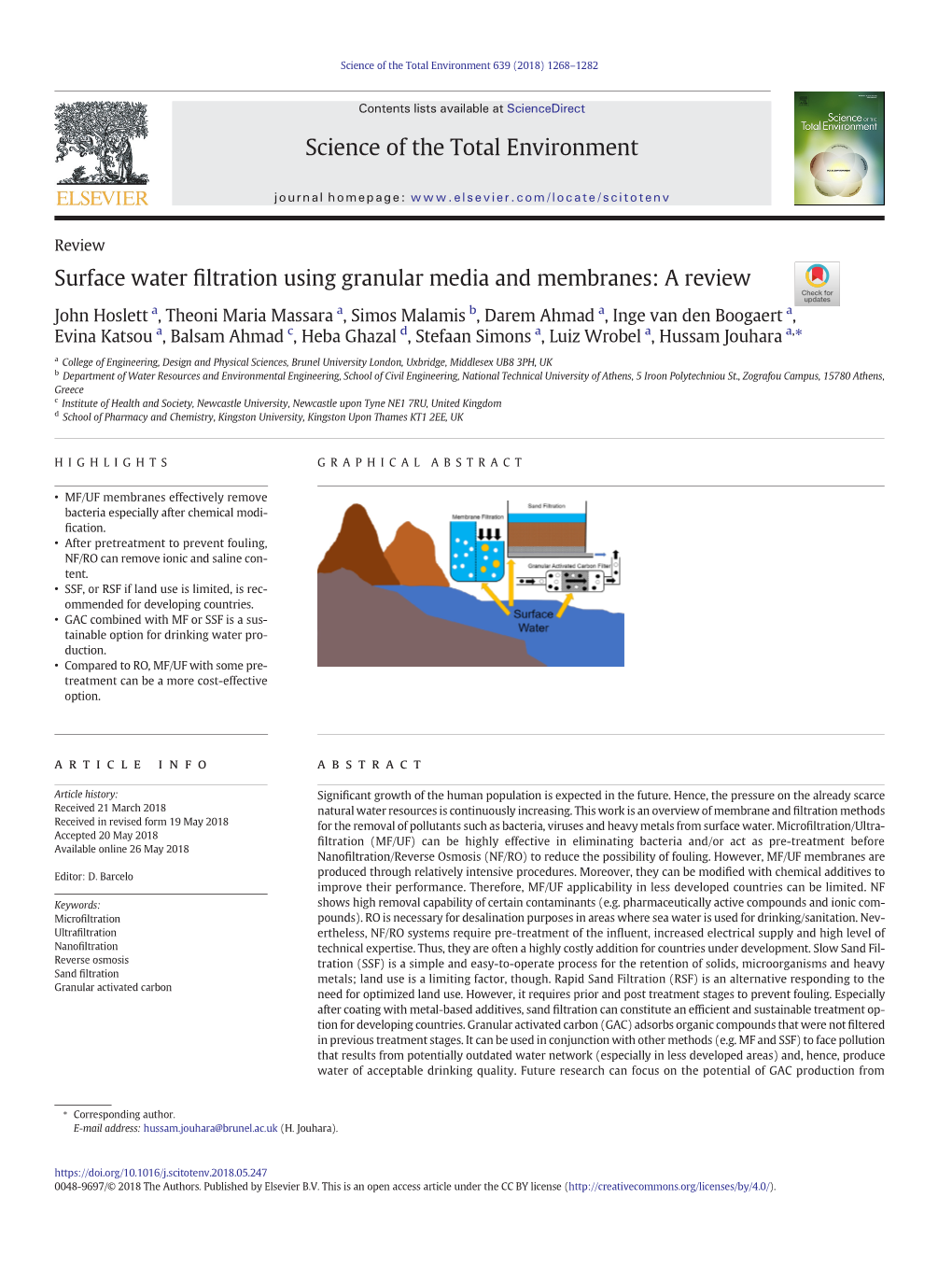 Surface Water Filtration Using Granular Media and Membranes: a Review