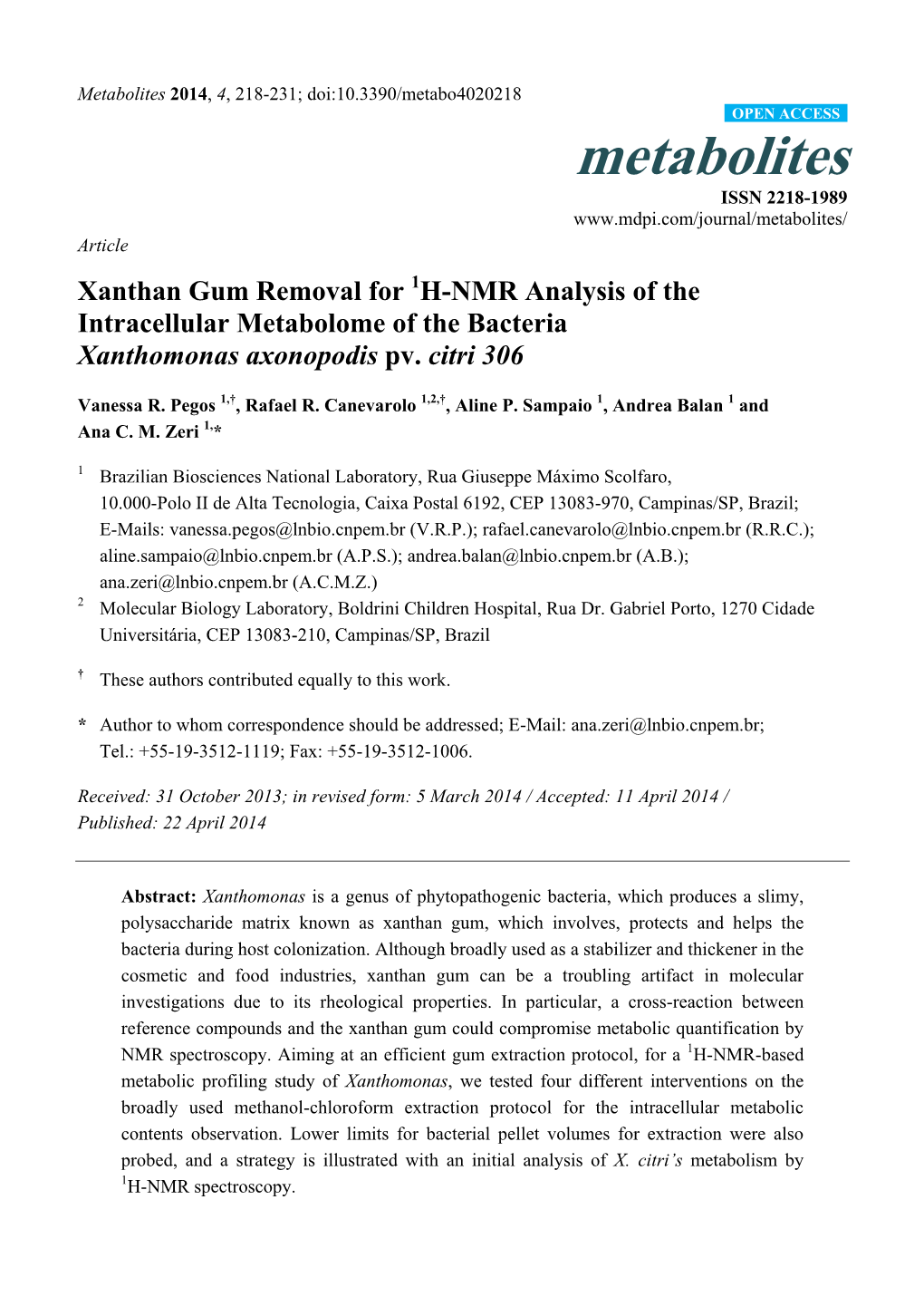 Xanthan Gum Removal for 1H-NMR Analysis of the Intracellular Metabolome of the Bacteria Xanthomonas Axonopodis Pv