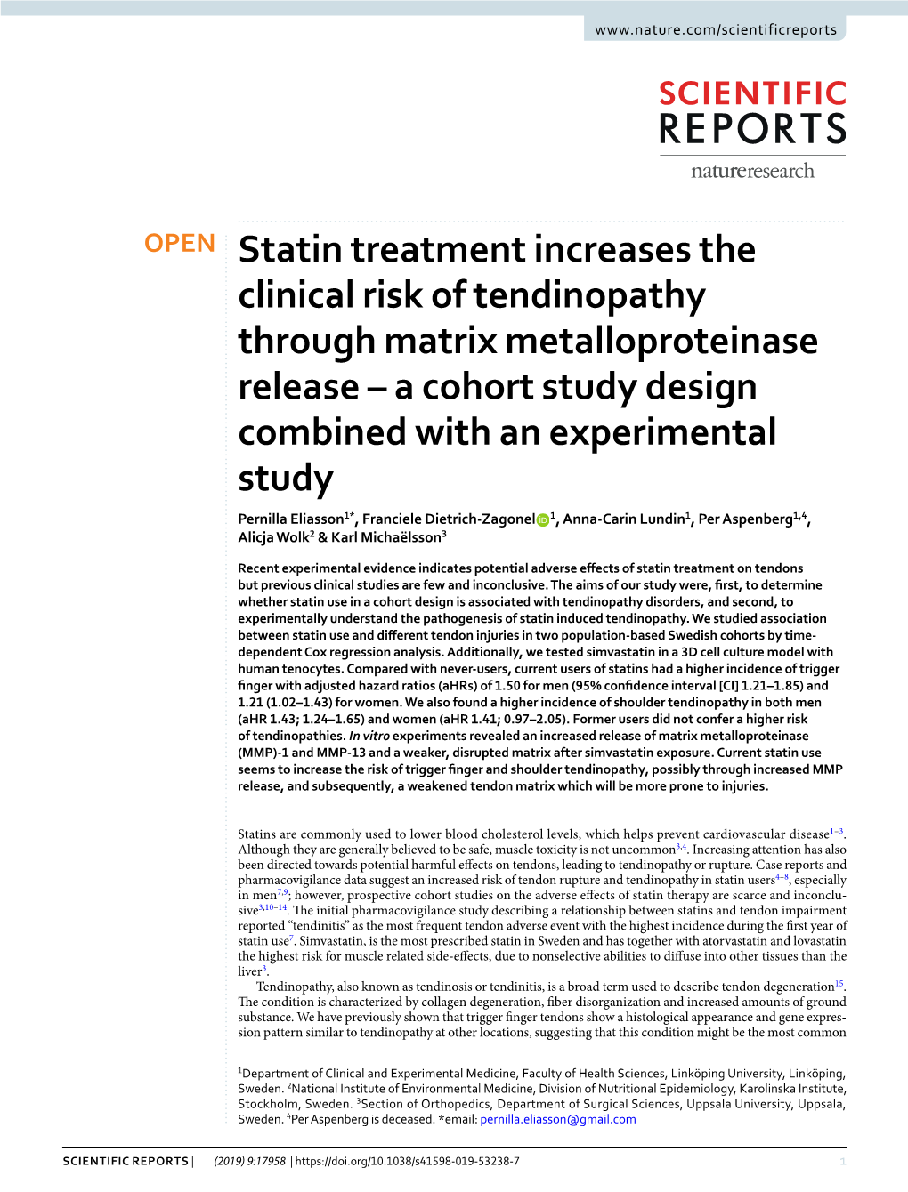 Statin Treatment Increases the Clinical Risk of Tendinopathy