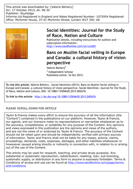 Bans on Muslim Facial Veiling in Europe and Canada: a Cultural History of Vision Perspective Valerie Behierya a Independent Scholar Published Online: 16 Oct 2013