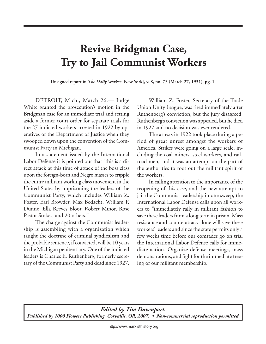 Revive Bridgman Case, Try to Jail Communist Workers