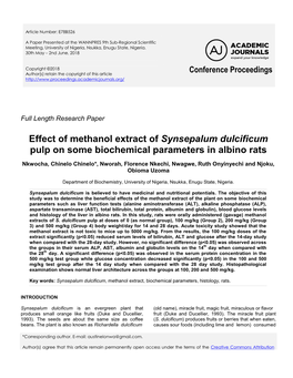 Effect of Methanol Extract of Synsepalum Dulcificum Pulp on Some Biochemical Parameters in Albino Rats