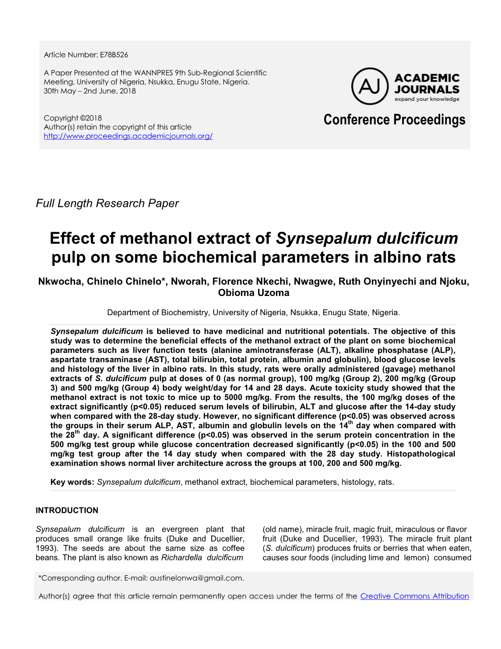 Effect of Methanol Extract of Synsepalum Dulcificum Pulp on Some Biochemical Parameters in Albino Rats