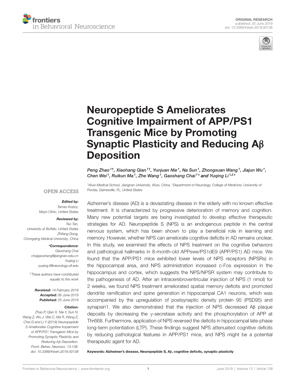 Neuropeptide S Ameliorates Cognitive Impairment of APP/PS1 Transgenic Mice by Promoting Synaptic Plasticity and Reducing Aβ Deposition