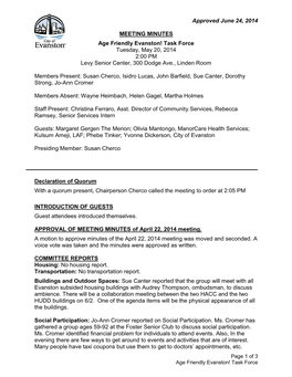 Approved June 24, 2014 MEETING MINUTES Age Friendly Evanston!