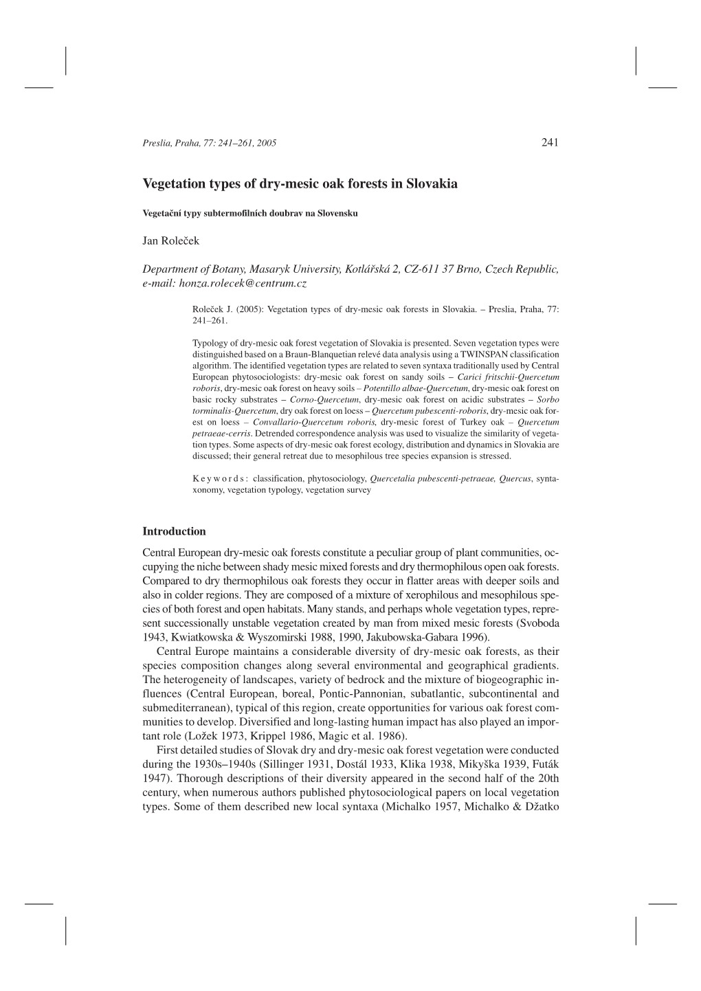 Vegetation Types of Dry-Mesic Oak Forests in Slovakia