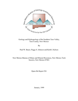 Geology and Hydrogeology of the Southern Taos Valley, Taos County, New Mexico