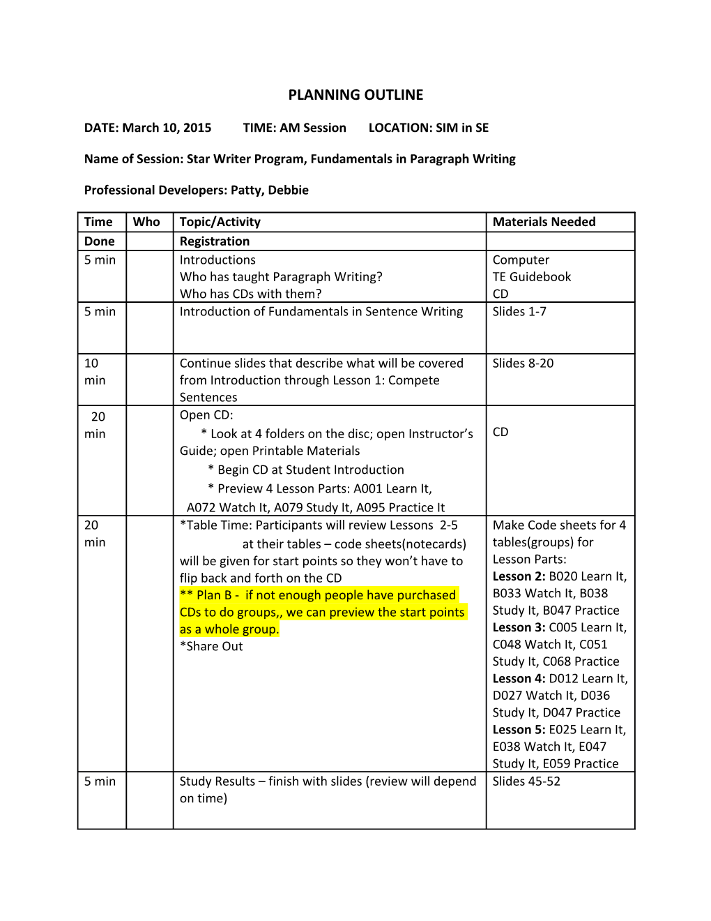 Name of Session: Star Writer Program, Fundamentals in Paragraph Writing