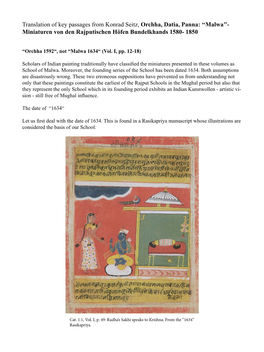 Translation of Key Passages from Konrad Seitz, Orchha, Datia, Panna: ''Malwa''- Miniaturen Von Den Rajputischen Höfen