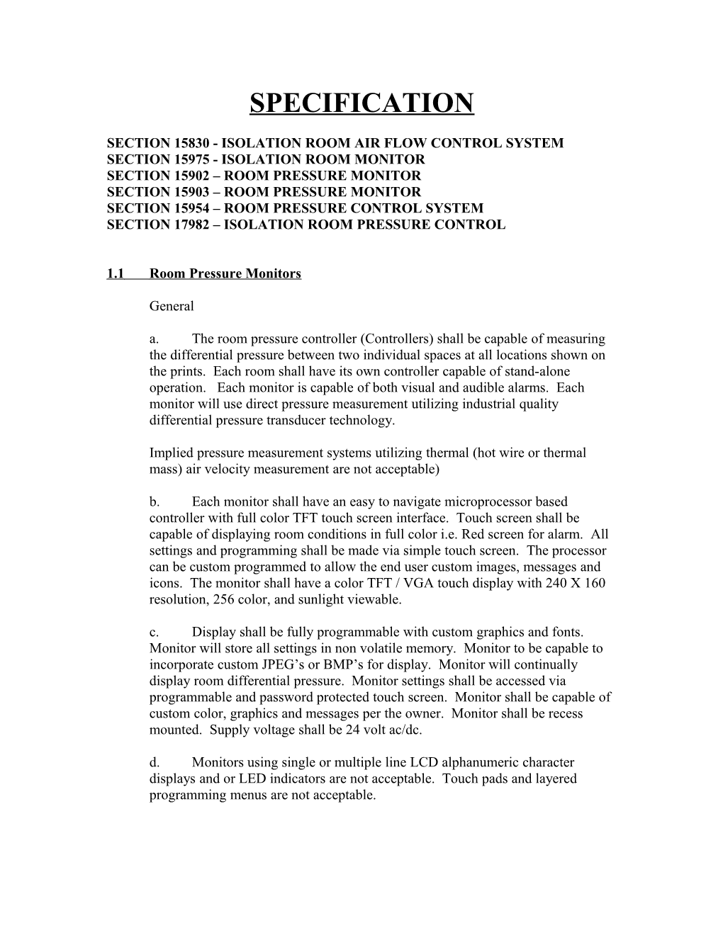 Section 15830 - Isolation Room Air Flow Control System