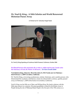 Dr. Noel Q. King - a Sikh Scholar and World Renowned Historian Passes Away