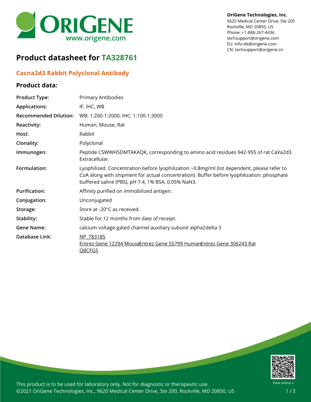 Cacna2d3 Rabbit Polyclonal Antibody – TA328761 | Origene