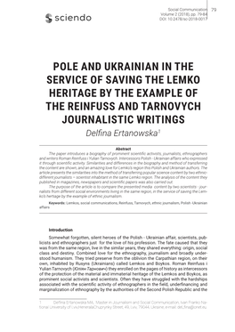 POLE and UKRAINIAN in the SERVICE of SAVING the LEMKO HERITAGE by the EXAMPLE of the REINFUSS and TARNOVYCH JOURNALISTIC WRITINGS Delfina Ertanowska1