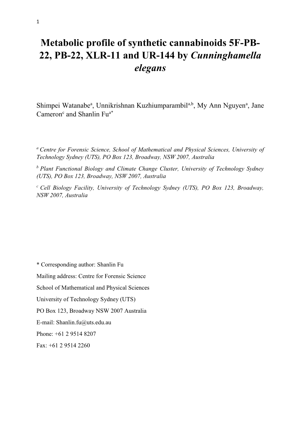 Metabolic Profile of Synthetic Cannabinoids 5F-PB- 22, PB-22, XLR-11 and UR-144 by Cunninghamella Elegans