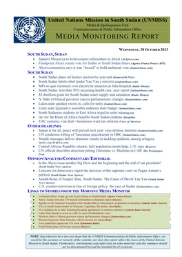 United Nations Mission in South Sudan (UNMISS) Media & Spokesperson Unit Communications & Public Information Office MEDIA MONITORING REPORT